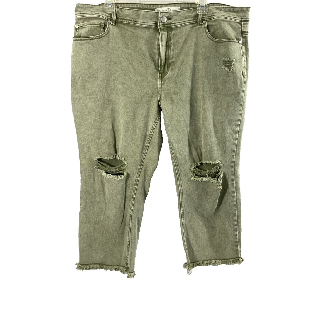 Womens Olive Green Denim Capri Jeans Size 16 Curvy Distress Destroyed Frayed Hem